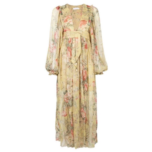 ZIMMERMAN Dress Melody Yellow Garden Floral Silk Wrap Maxi Dress